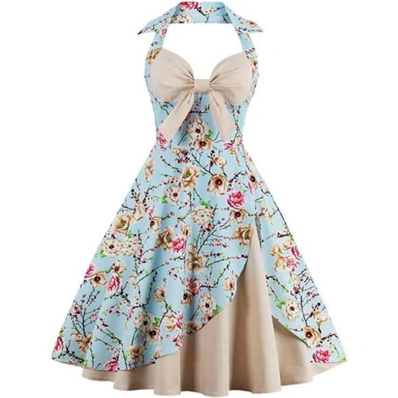 Women Retro Swing Dress Beige Blue - Picture 1 of 6